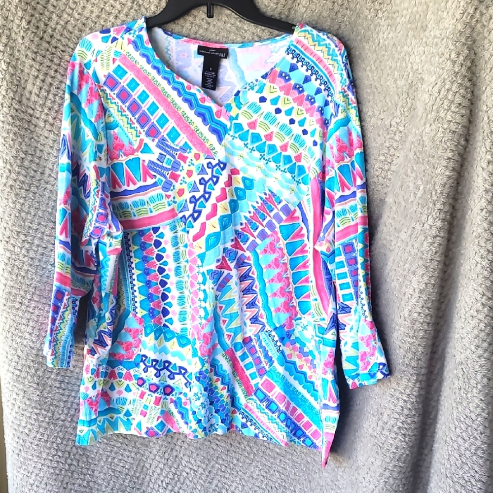 Alfred Dunner Blue and Pink Graphic Blouse Relaxed Fit